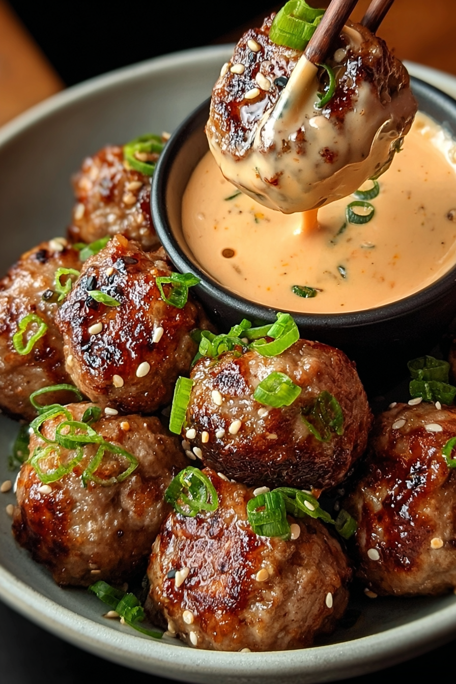 Korean BBQ Meatballs with Spicy Mayo Dip