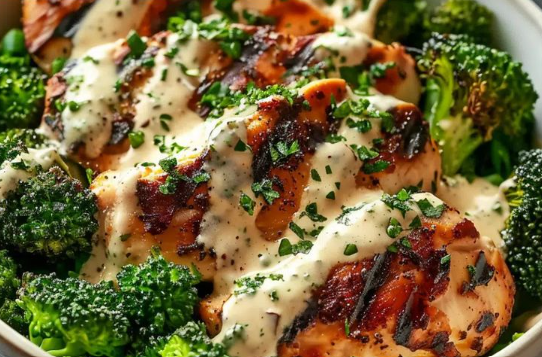 Grilled Chicken Broccoli Bowls with Creamy Garlic Sauce