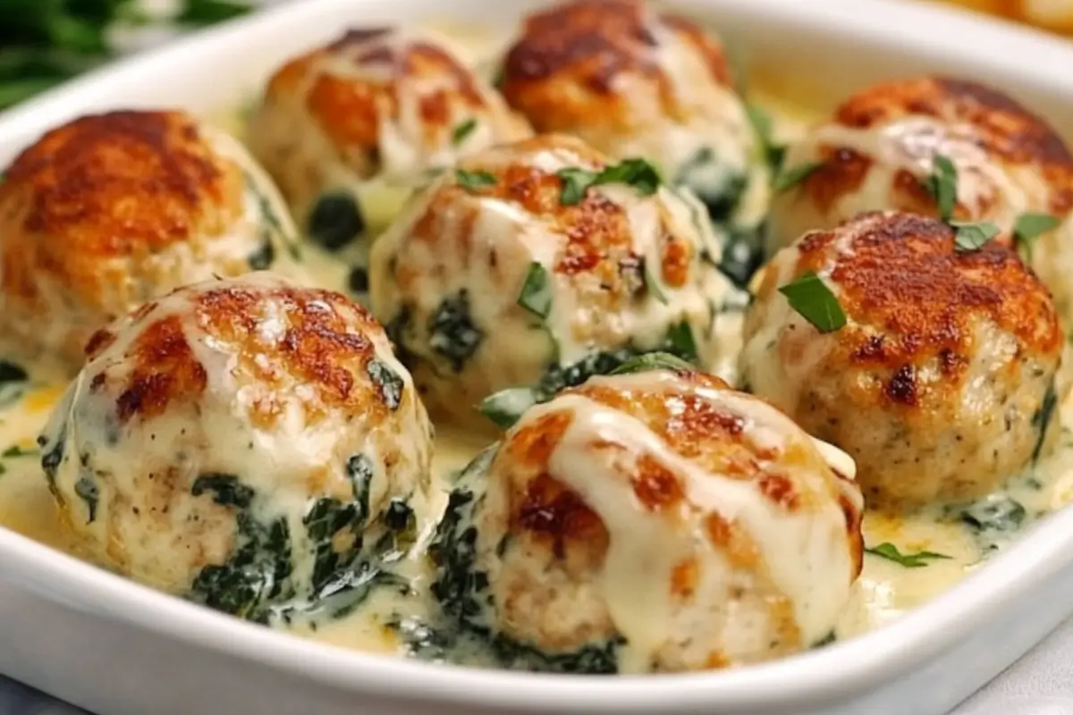 Baked Chicken Ricotta Meatballs with Spinach Alfredo Sauce