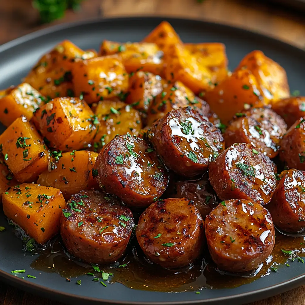 Sausage and sweet potatoes with honey sauce