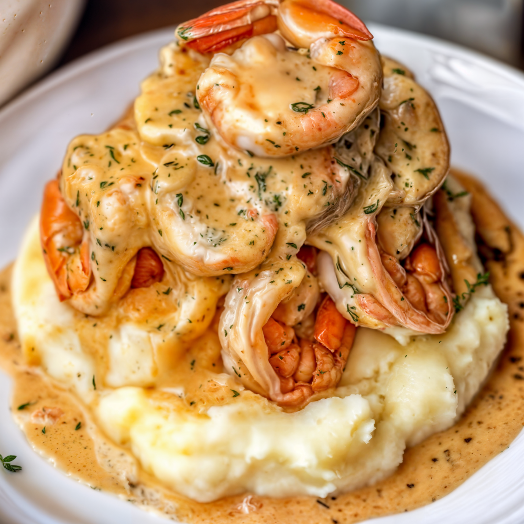 Creamy Garlic Shrimp Served Over Mashed Potatoes