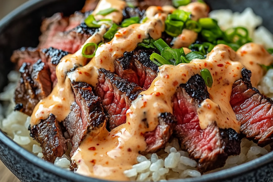 Korean BBQ Steak Rice Bowls with Spicy Cream Sauce