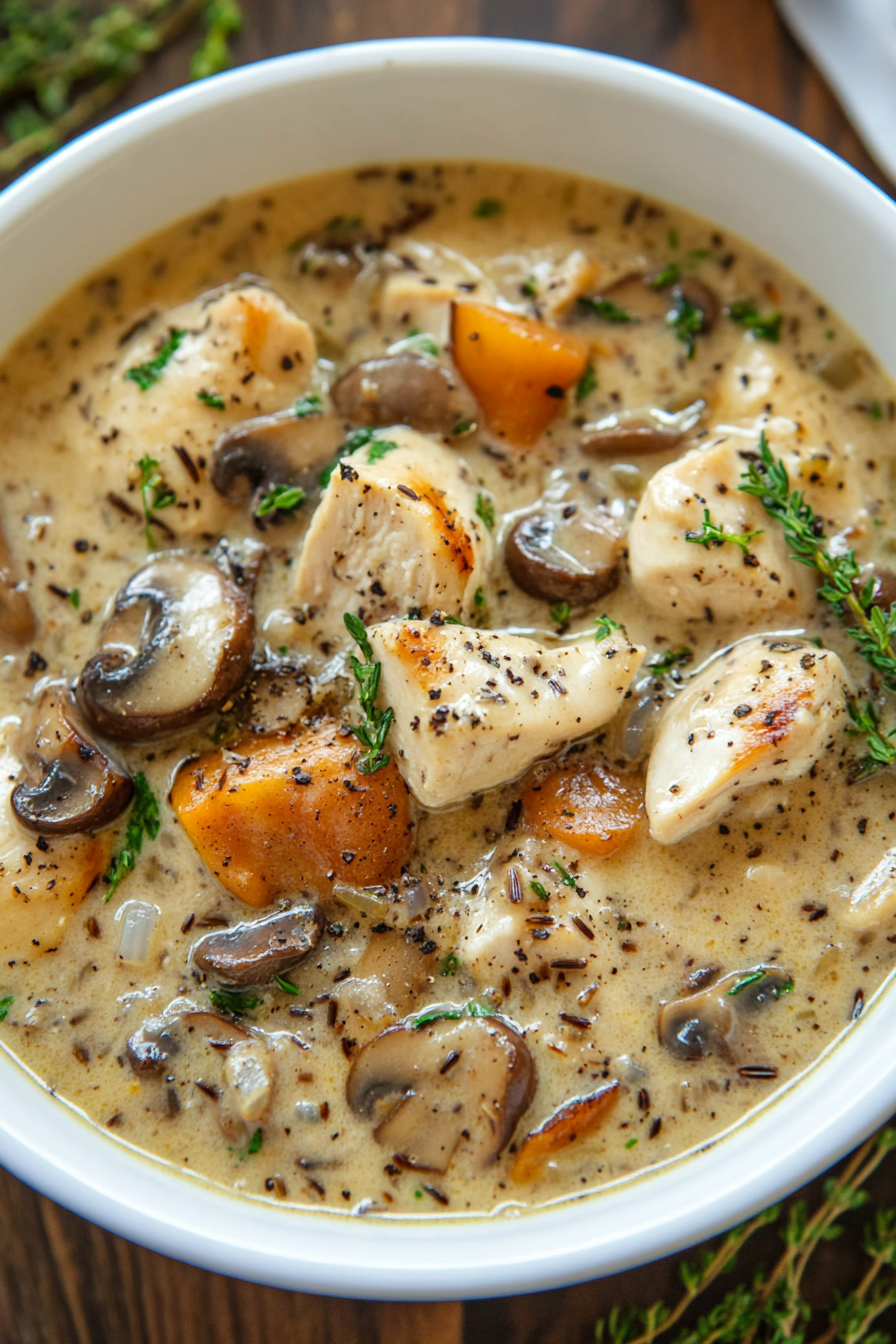Hearty Creamy Mushroom Chicken and Wild Rice Soup